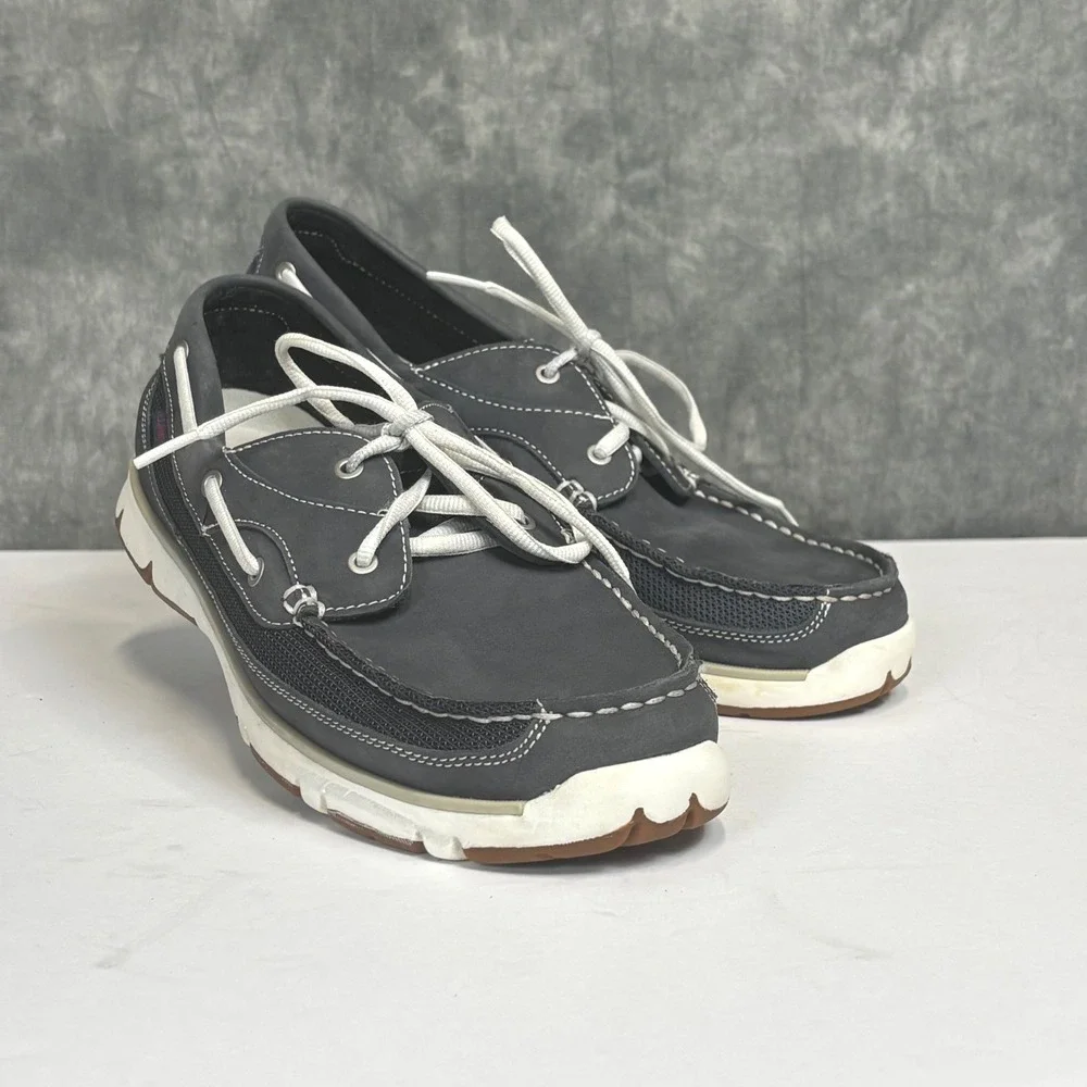 L.L.Bean Portlander Free Flex Boat Shoes 11.5 Navy Gray Leather Mesh Nautical